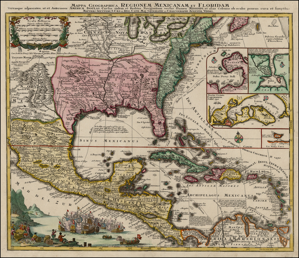 36-Southeast, Midwest and Caribbean Map By Matthaus Seutter