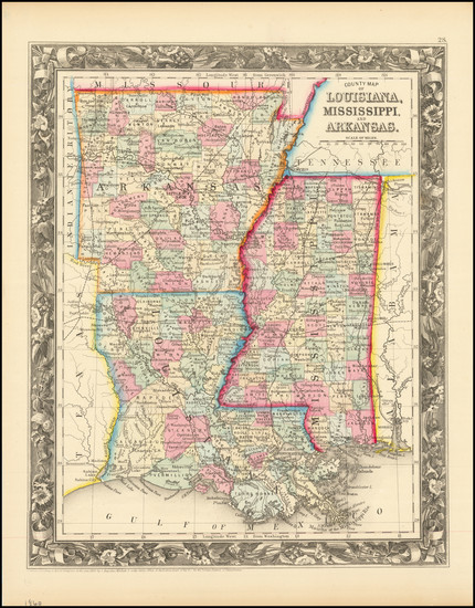 100-Louisiana, Mississippi and Arkansas Map By Samuel Augustus Mitchell Jr.