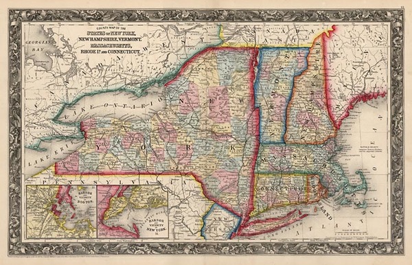 80-New England Map By Samuel Augustus Mitchell Jr.