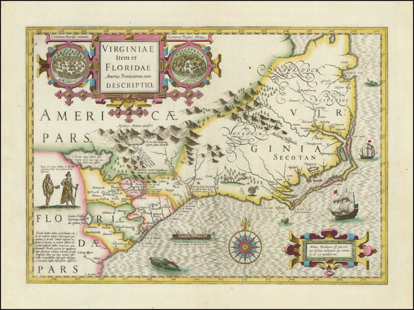 98-Southeast, Virginia, Georgia, North Carolina and South Carolina Map By Jodocus Hondius