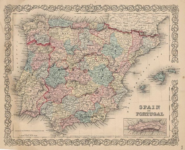 23-Europe, Spain and Portugal Map By Joseph Hutchins Colton