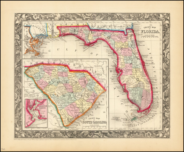 49-Florida, North Carolina and South Carolina Map By Samuel Augustus Mitchell Jr.