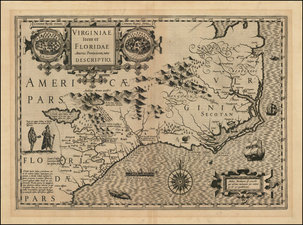 0-Southeast, Virginia, Georgia, North Carolina and South Carolina Map By Jodocus Hondius