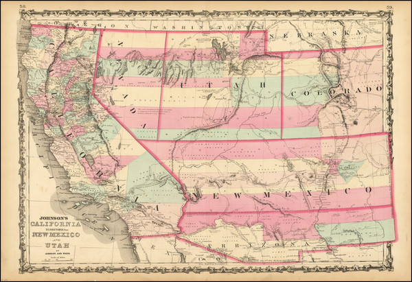 58-Southwest, Rocky Mountains and California Map By Alvin Jewett Johnson  &  Benjamin P Ward