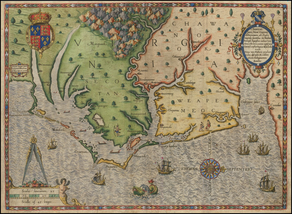54-Mid-Atlantic, Southeast, Virginia and North Carolina Map By Theodor De Bry / John White