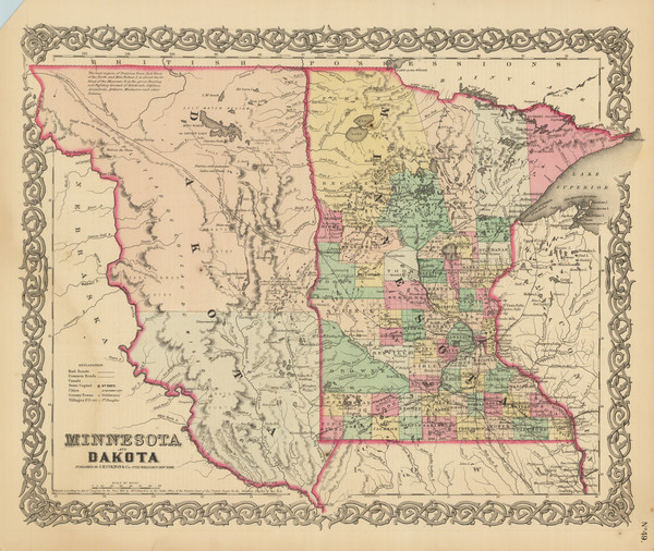 44-Minnesota, North Dakota and South Dakota Map By Joseph Hutchins Colton