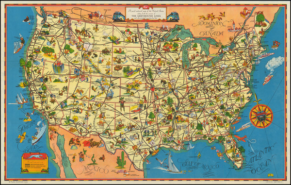 93-United States and Pictorial Maps Map By Greyhound Company