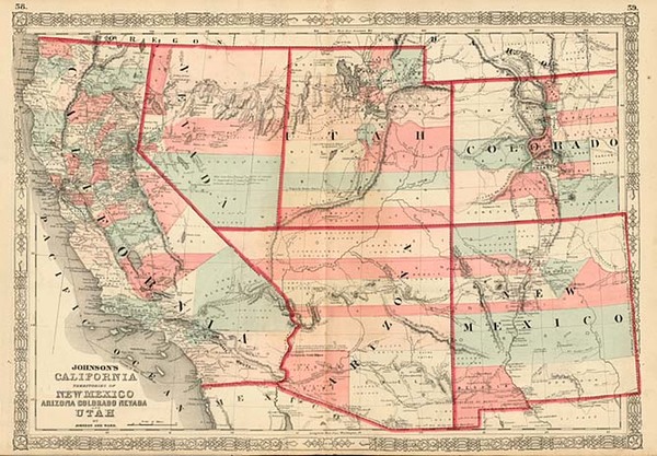 90-Southwest, Rocky Mountains and California Map By Benjamin P Ward  &  Alvin Jewett Johnson