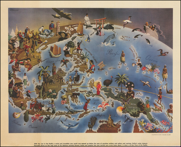 75-Pacific Ocean, Oceania, Pictorial Maps and World War II Map By Antonio Petrucelli