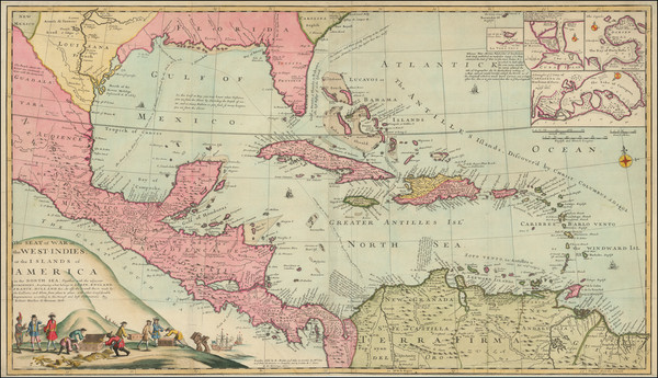 43-Florida, South, Southeast, Mexico, Caribbean, Central America and Colombia Map By Herman Moll  