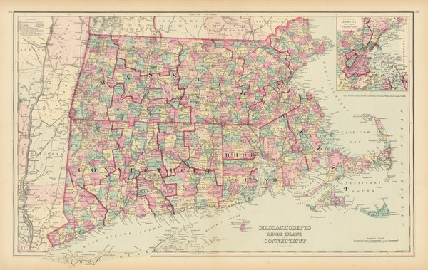 62-New England, Connecticut, Massachusetts, Rhode Island and Boston Map By O.W. Gray