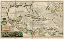 South, Southeast, Texas, Caribbean and Central America Map By Hermann Moll