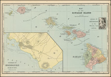 Map of Hawaiian Islands (Sandwich Islands) (with large Honolulu Inset and Crater of Mokuaweweo)
