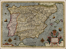 Spain and Portugal Map By Henricus Hondius / Petrus Kaerius
