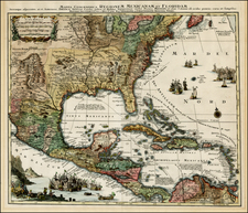 Florida, South, Southeast, Texas, Midwest and Caribbean Map By Matthaus Seutter