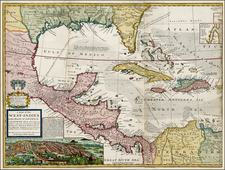 South, Southeast, Texas, Caribbean and Central America Map By Hermann Moll