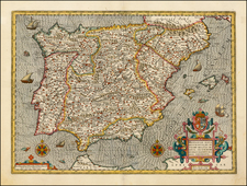 Spain and Portugal Map By Henricus Hondius / Petrus Kaerius