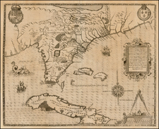 Florida, South, Southeast, Midwest and Caribbean Map By Jacques Le Moyne