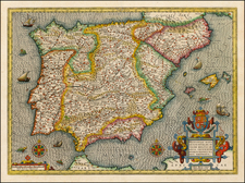 Spain and Portugal Map By Henricus Hondius / Petrus Kaerius