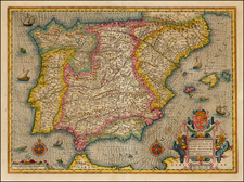 Spain and Portugal Map By Henricus Hondius / Petrus Kaerius