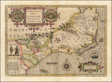 Southeast, Virginia, Georgia, North Carolina and South Carolina Map By Jodocus Hondius