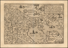 Hollandia quae olim Batavia antiqua Catthorum sedes, undique fere cingitur Mari, Praeterquam qua Rheno et Mosa fluminibus ad Orientem et Meridiem a continenti seiunqitur . . .  By Matthias Quad / Johann Bussemachaer