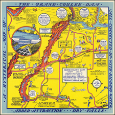 A Hysterical Map Of Grand Coulee Dam -- All Connected Up With Running Water -- Added Attraction -- Dry Falls By Lindgren Brothers