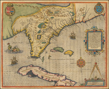 Florida, South, Southeast, Midwest and Caribbean Map By Jacques Le Moyne