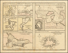 [War of Jenkins Ear in Florida and West Indies]   [Harbors, Towns & Fortresses of North America, St. Augustine, Providence (Grand Bahama Island), Porto Antonio (Jamaica), Havana, Santiago (Cuba), Kingston, and Antiqua)] By Philippe Buache