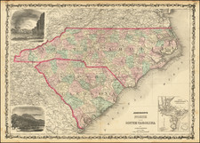 North Carolina and South Carolina Map By Alvin Jewett Johnson  &  Ross C. Browning