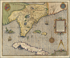 Florida, South, Southeast, Midwest and Caribbean Map By Jacques Le Moyne