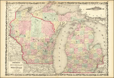 Michigan and Wisconsin Map By Alvin Jewett Johnson  &  Ross C. Browning