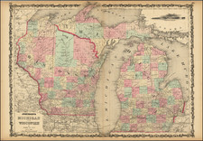 Michigan and Wisconsin Map By Alvin Jewett Johnson  &  Benjamin P Ward