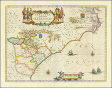 [ Carolinas & Georgia ]  Virginiae Partis australis, et Floridae partis orientalis, interjacentiumqus regionum Nova Descriptio By Willem Janszoon Blaeu