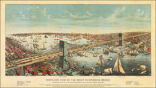 Bird's-Eye View of the Great Suspension Bridge, Connecting The Cities of New York and Brooklyn - From New York Looking South-East