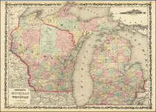 Michigan and Wisconsin Map By Alvin Jewett Johnson  &  Ross C. Browning