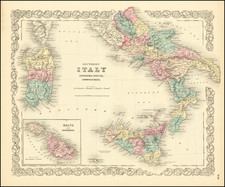 Southern Italy, Malta and Sicily Map By Joseph Hutchins Colton