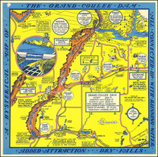 A Hysterical Map Of Grand Coulee Dam -- All Connected Up With Running Water -- Added Attraction -- Dry Falls By Lindgren Brothers