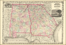 Alabama and Georgia Map By Alvin Jewett Johnson  &  Ross C. Browning
