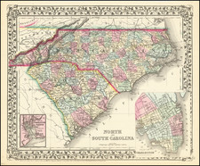 North Carolina and South Carolina Map By Samuel Augustus Mitchell Jr.