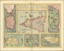 (Sicily, Malta, Sardinia, Corfu, Elba and Zerbia) Insularum Aliquot Maris Mediterranei Descriptio  By Abraham Ortelius