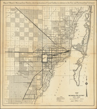 (Early Coral Gables Promotional) Map of Miami's Metropolitan District, showing location of Coral Gables in relation to the City and Surrounding Territory | Map of Metropolitan District Miami Florida