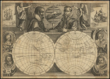 [World Map with Portraits of Ferdinand Magellan, Willem Schouten, Francis Drake, Thomas Cavendish, Olivier van Noort and Joris van Speilbergen] By Willem Schouten