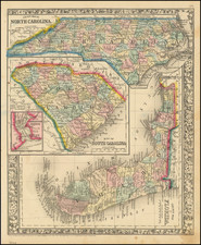 Florida, North Carolina and South Carolina Map By Samuel Augustus Mitchell Jr.