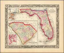 Florida, North Carolina and South Carolina Map By Samuel Augustus Mitchell Jr.