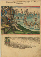 (French Observing a Florida Native American Ritual)  Primogeniti solennibus ceremonijs Regi sacrificantur. XXXIIII. By Theodor De Bry