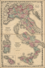 Johnson's Northern Italy and Southern Italy Kingdom of Naples, I. Sardinia & Malta [Large inset of Malta] By Alvin Jewett Johnson  &  Benjamin P Ward