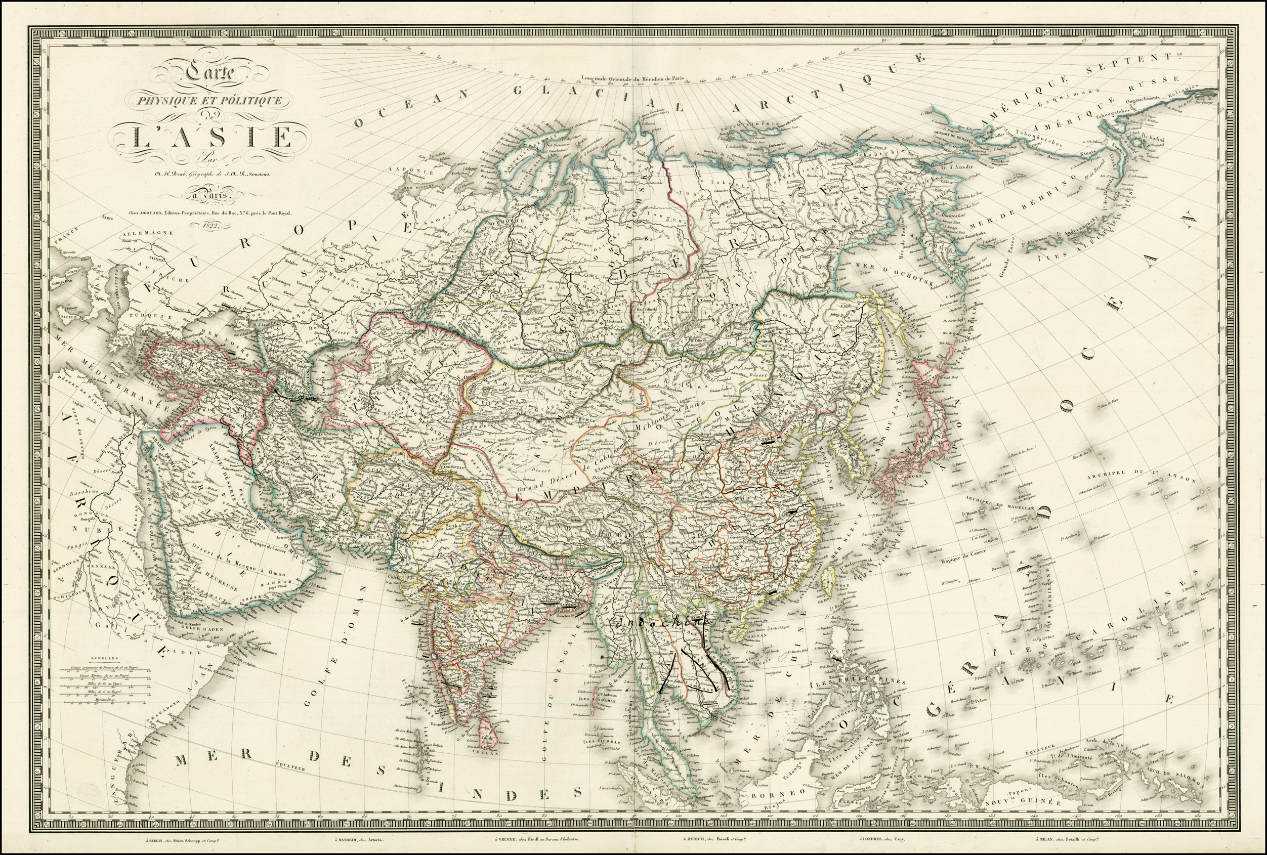 Carte de Physique et Politique de L'Asie . . . 1822 (with contemporary  manuscript annotations) - Barry Lawrence Ruderman Antique Maps Inc., image size:2504x1690