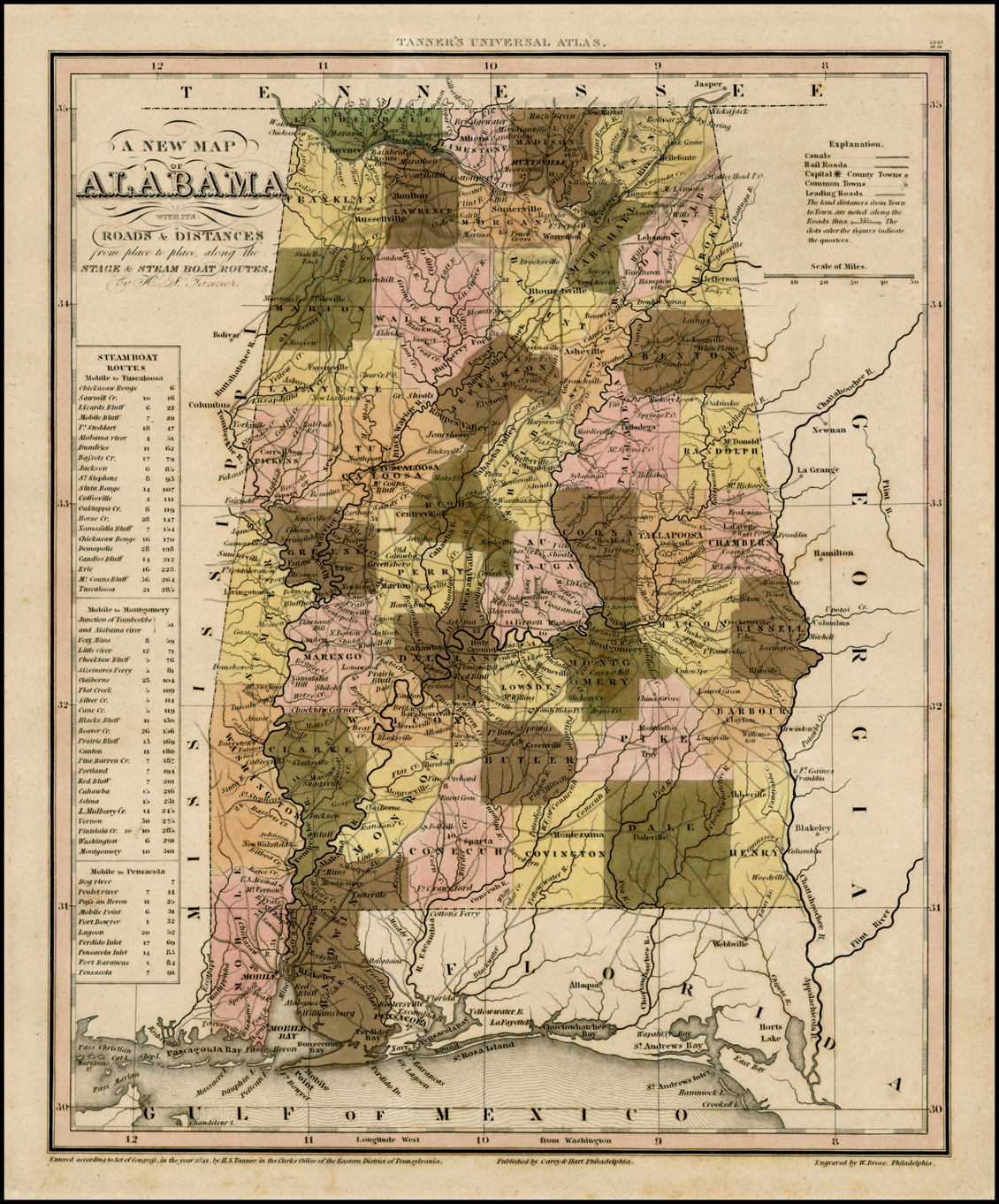A New Map Of Alabama with its Canals, Roads, Distances from Place to