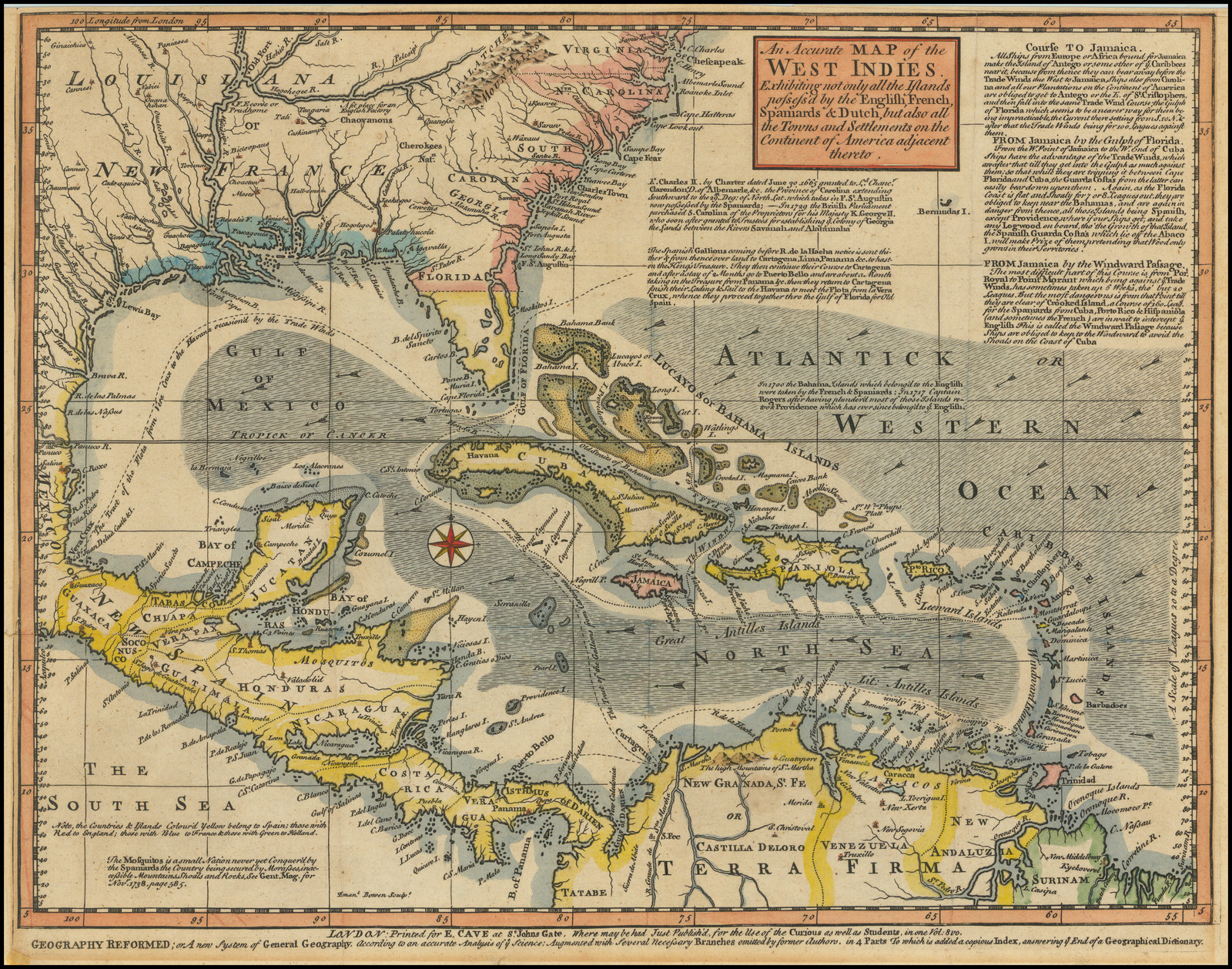 An Accurate Map of the West Indies. Exhibiting Not Only All the Islands  Possess'd by the English, French, Spaniards \u0026 Dutch, but also All the Towns  and Settlements on the Continent of, image size:1600x1258